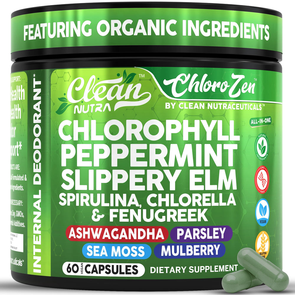 Clean Nutraceuticals bottle front with chlorophyll capsules for daily detox and odor control.
