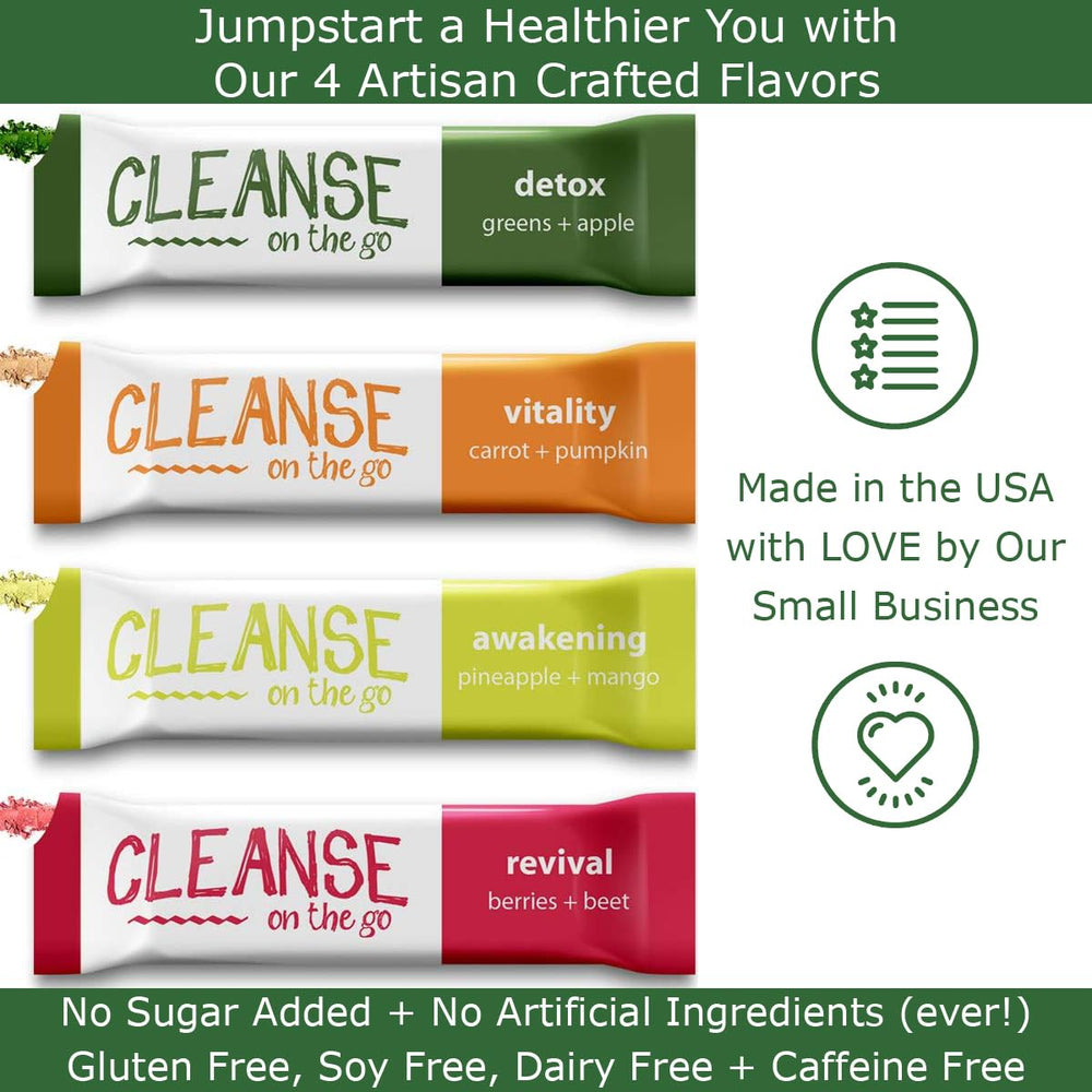 CLEANSE on the go packets display, easy daily powder cleanse in a single serving.