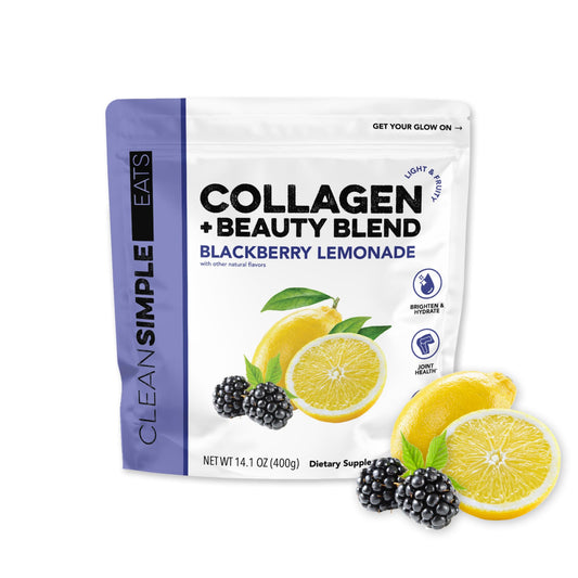 Clean Simple Eats Collagen Powder Beauty Blend bottle showing clean ingredients and Blackberry Lemonade flavor