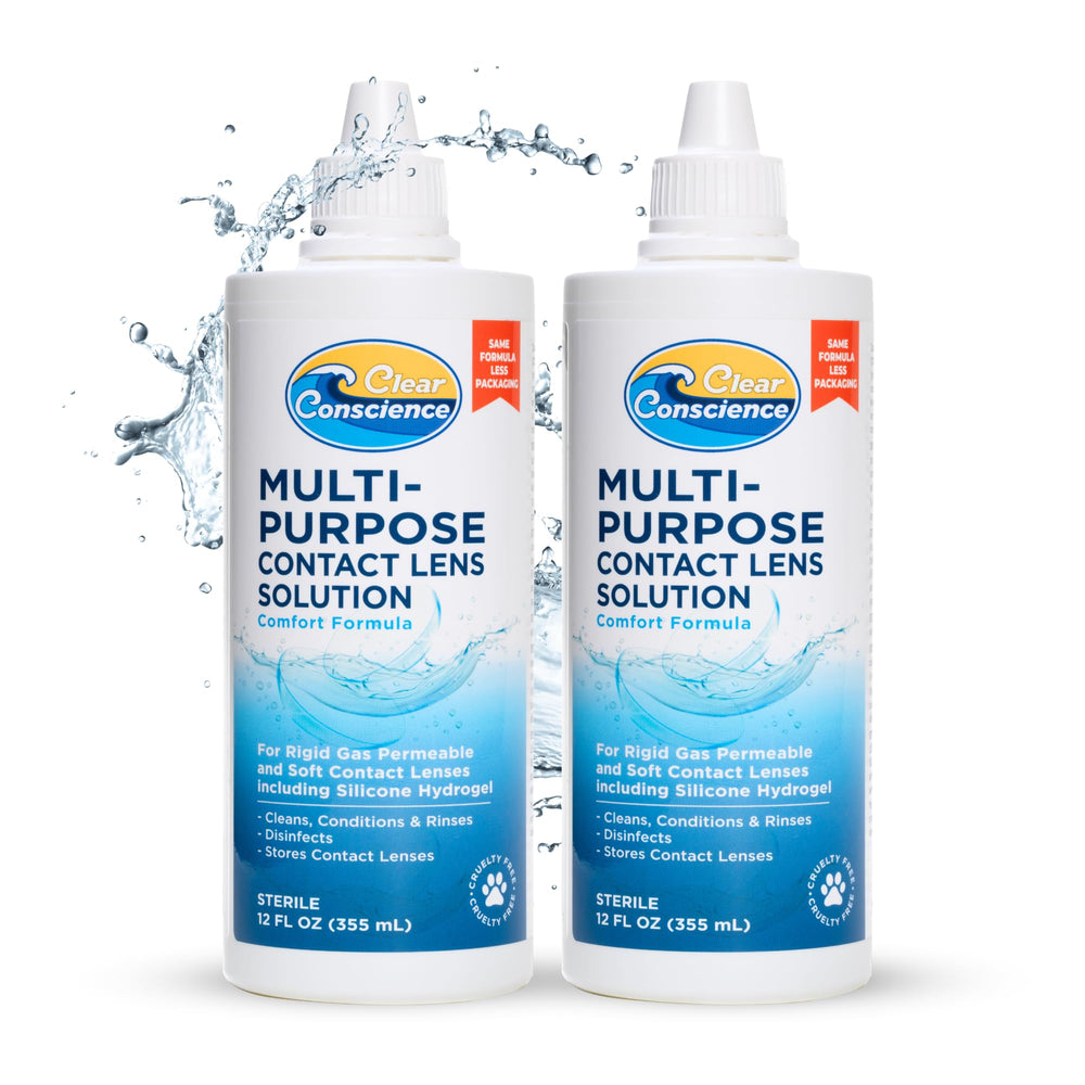 Clear Conscience lens solution bottle offers gentle cleansing for sensitive eyes.