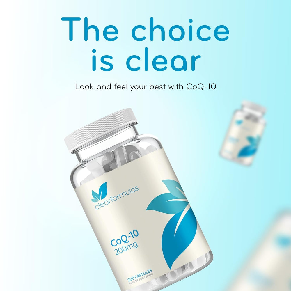 Clear Formulas CoQ10 200mg stable ubiquinone close-up focusing on capsule texture