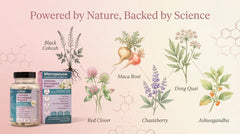 Botanical imagery around bottle communicates natural plant-based wellness approach.