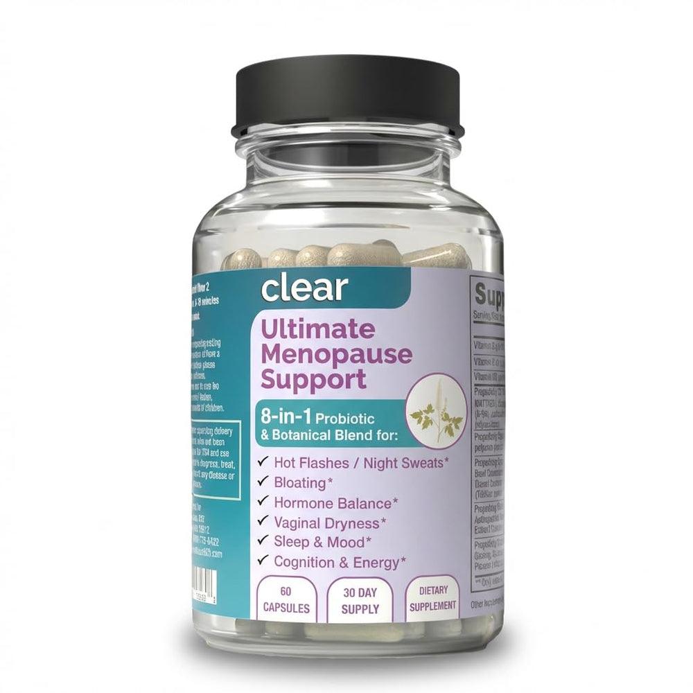 Clear Menopause Support bottle close-up showing a hormone-free wellness option for balance.