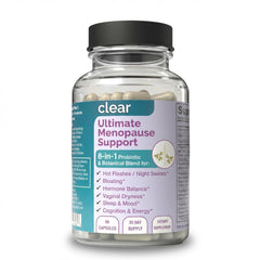 Clear Menopause Support bottle close-up showing a hormone-free wellness option for balance.