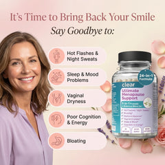 Clear Menopause Support capsules on bright surface illustrating easy daily dosing.