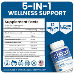 Clear Probiotics Lysine capsules in home routine imagery for lip and gut health.