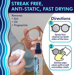 Close-up of spray mist from Clear View lens cleaner for quick wipe.