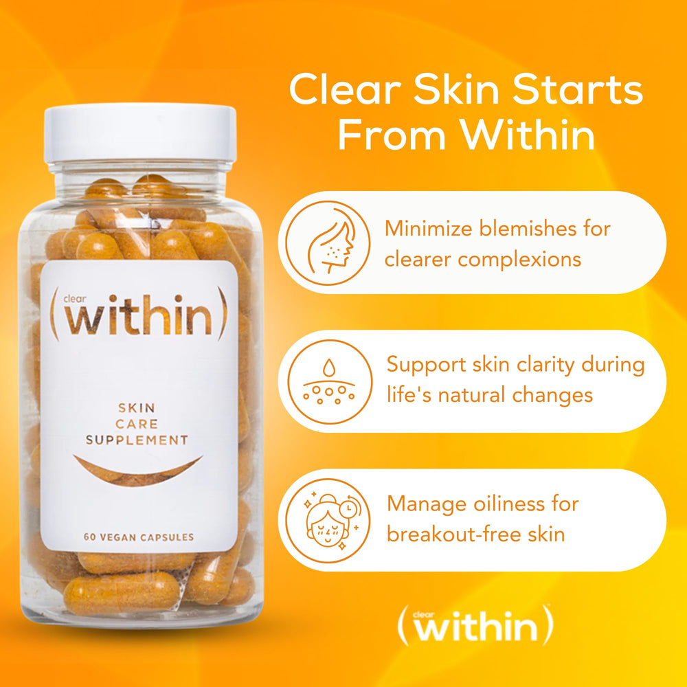 Clear Within capsules close-up highlighting acne-friendly formula.