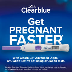 Clearblue test strip shown for simple at-home testing.