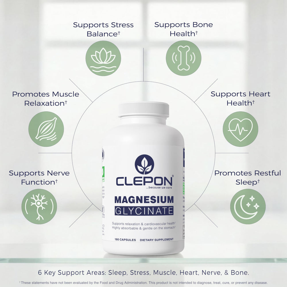 CLEPON bottle back displays dosage guidance for 1–4 capsules daily.
