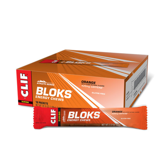 CLIF BLOKS Orange with caffeine energy chews in pack front for on-the-go energy.