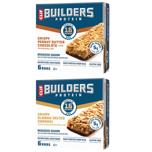 CLIF BUILDERS Crispy Almond Salted Caramel bar close-up showing texture and protein boost