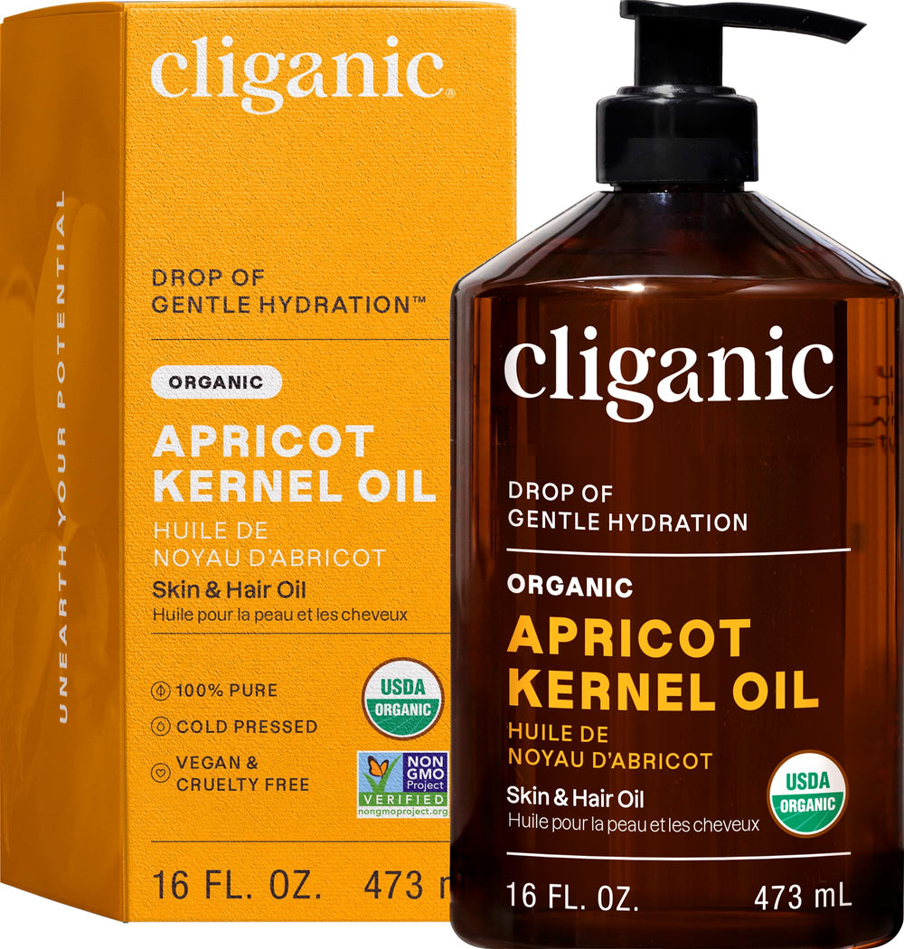 Cliganic Organic Apricot Oil 16oz bottle for skin hydration and hair nourishment.