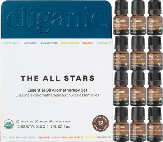 Cliganic Organic Essential Oils Set top 12 box shot for diffuser inspiration and aromatherapy benefits