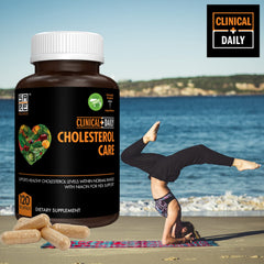 Pouring Clinical Daily Cholesterol Care capsules for easy daily use.