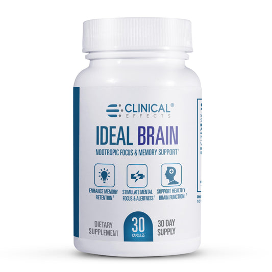 Clinical Effects Ideal Brain bottle front view highlighting a vegan, non-GMO formula for focus
