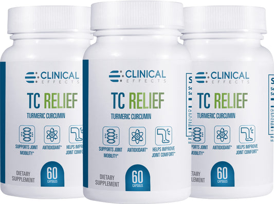 Clinical Effects TC Relief bottle shows turmeric-curcumin formula for joint support.