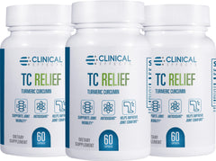 Clinical Effects TC Relief bottle shows turmeric-curcumin formula for joint support.