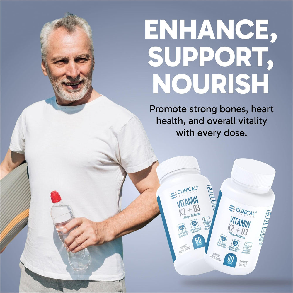 Clinical Effects Vitamin K2 + D3 capsules highlighting calcium absorption and energy.