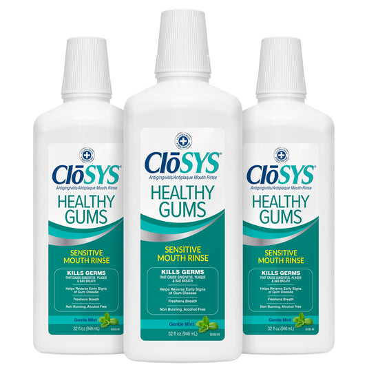 CloSYS Healthy Gums Mouthwash bottle shown for gentle, alcohol-free gum care daily.