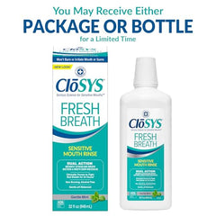 CloSYS Mouthwash being poured, showing alcohol-free, gentle formula for sensitive mouths.