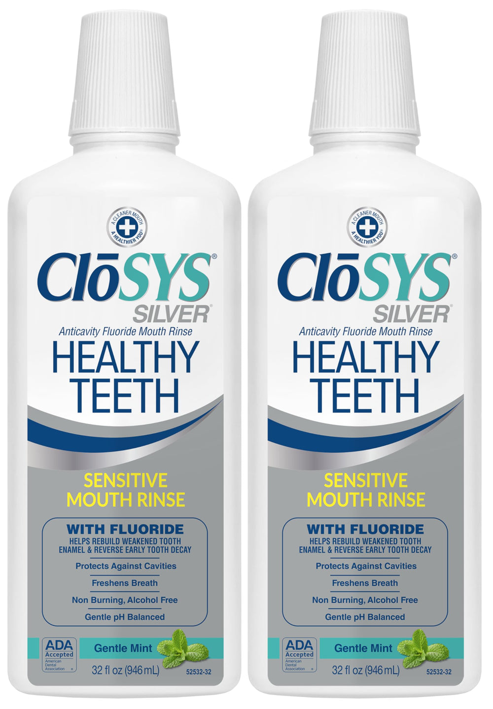 CloSYS Silver bottle with angled pour, supporting enamel health and fresh breath