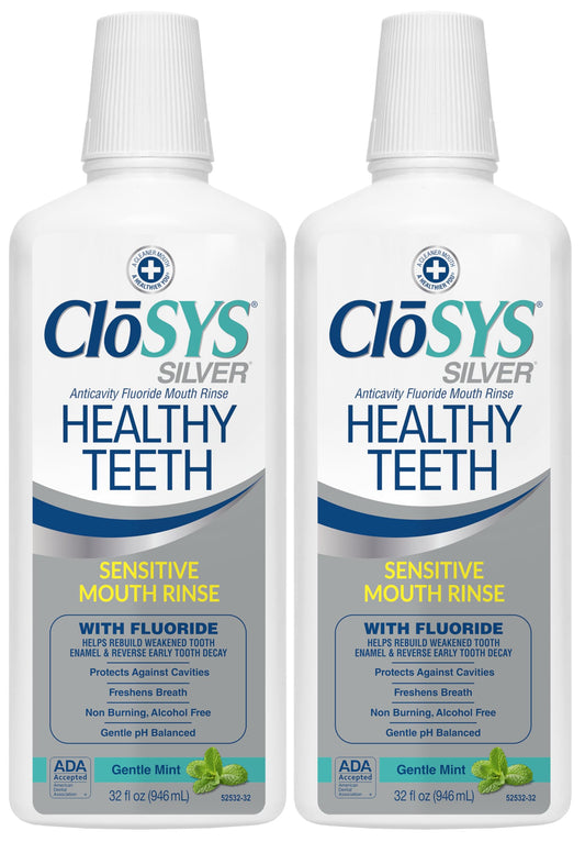 CloSYS Silver bottle with angled pour, supporting enamel health and fresh breath
