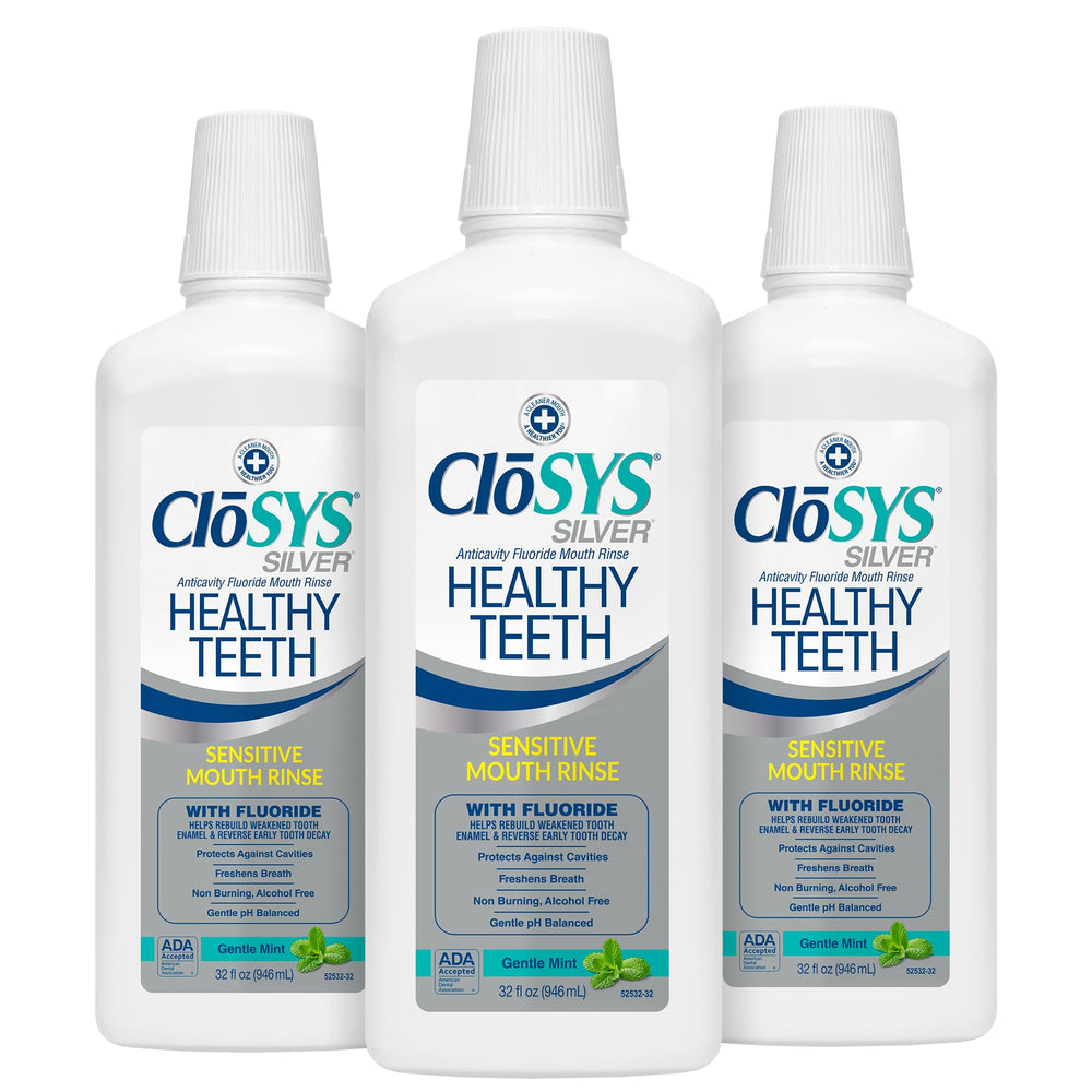 CloSYS Silver mouthwash bottle front view highlighting alcohol-free fluoride formula for adults.