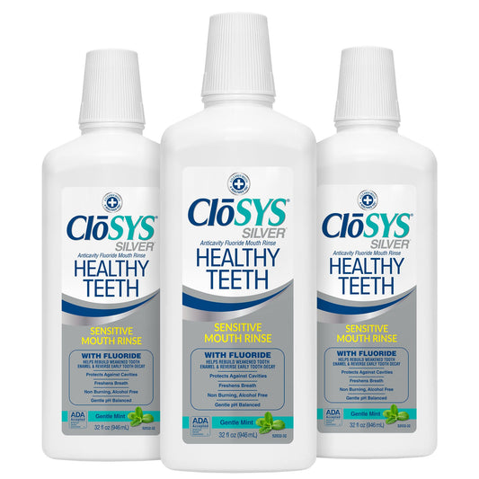 CloSYS Silver mouthwash bottle front view highlighting alcohol-free fluoride formula for adults.