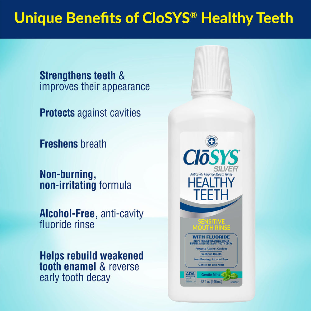 CloSYS Silver mouthwash pour spout with gentle non-burning action.