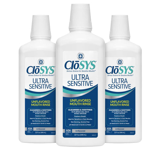 CloSYS Ultra Sensitive bottle being poured for a gentle, alcohol-free rinse.