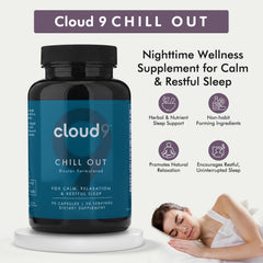 Back label of Cloud9 Chill Out bottle detailing adaptogens and vitamins for calm