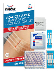 Clozex closure kit shows sterile contents ready for quick wound care.