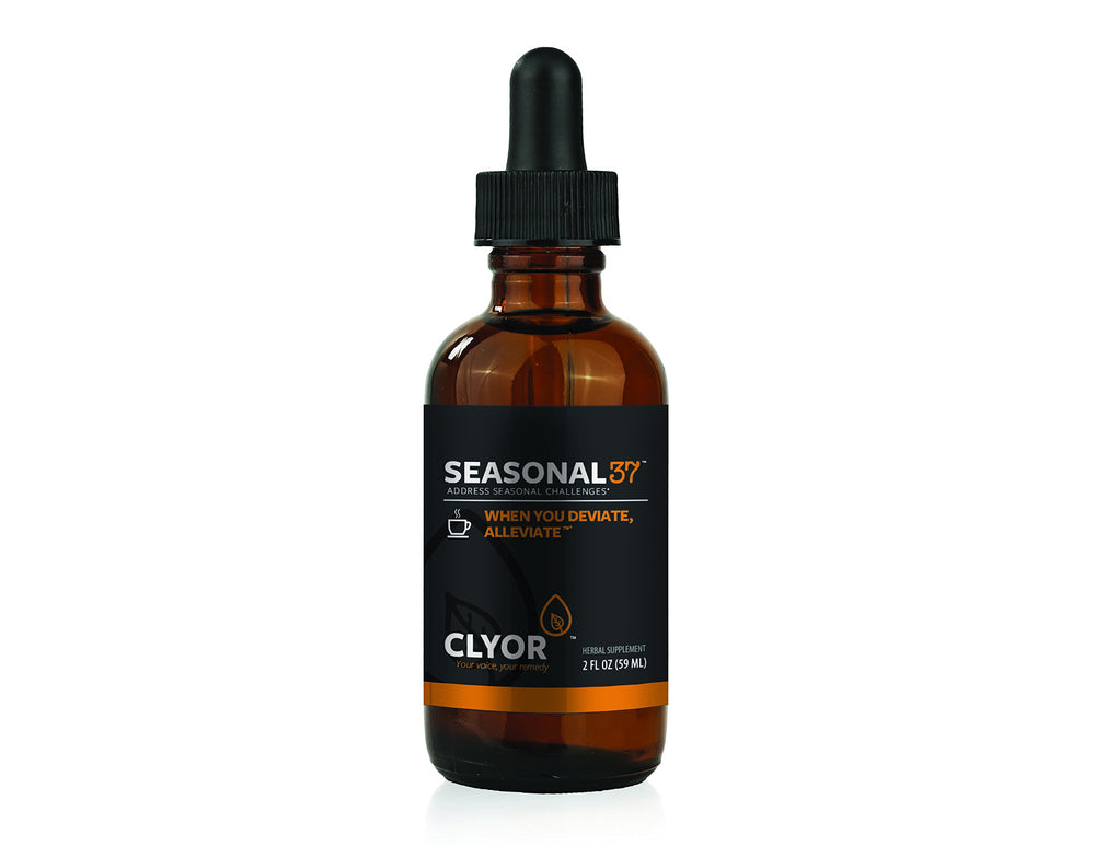 CLYOR Seasonal37 packaging display positions a nature-in-a-bottle remedy.
