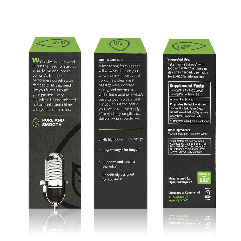 CLYOR Voice37 label closeup shows organic ingredients for throat comfort
