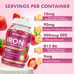 CNCHEF Iron Gummies strawberry flavor label close-up, tasty daily iron.