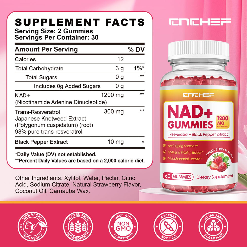 CNCHEF NAD+ gummies packaging multipack demonstrates on-the-go health ease.