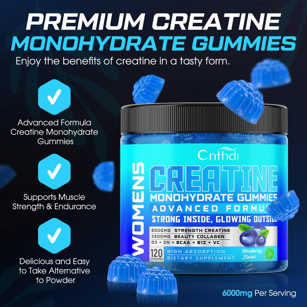 CNFHDI blueberry-flavored creatine gummies – vegan-friendly daily boost with collagen and BCAAs.
