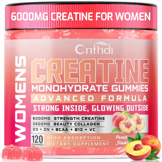 CNFHDI Creatine Gummies for Women bottle close-up shows vegan, sugar-free formula for wellness.