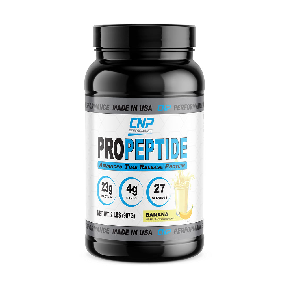 CNP ProPeptide banana canister front view highlighting high protein per serving for recovery support.
