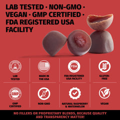 Gummies on packaging demonstrates lab-tested purity and vegan gluten-free status