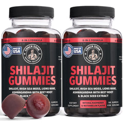 Coach Soak Shilajit Gummies raspberry-watermelon bottle for daily energy and focus.