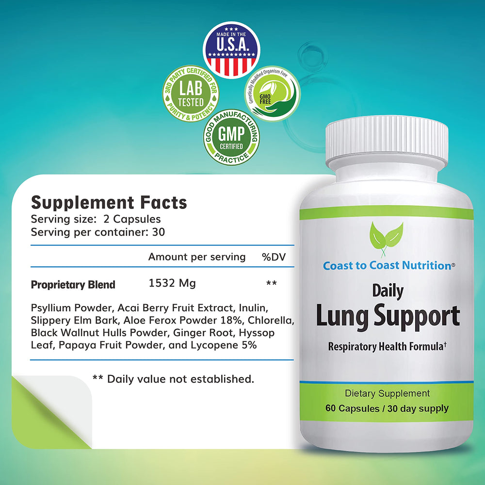 Coast to Coast Nutrition Daily Lung Cleanser capsules spread for dosing convenience.
