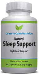 Coast to Coast Nutrition Sleep Support bottle on nightstand promotes nightly relaxation.