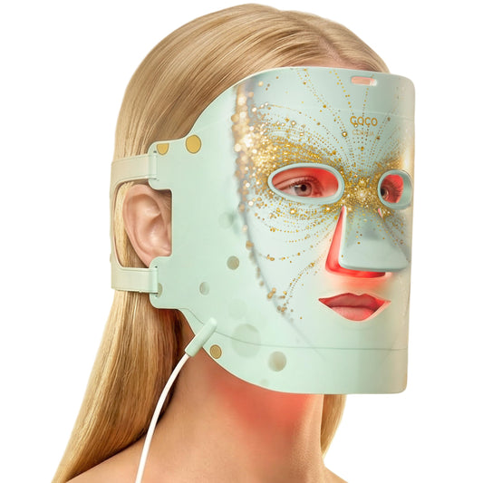 COCO CORALIA red light mask on face with even light coverage for smoother skin