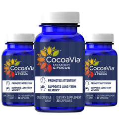 CocoaVia Memory & Focus bottle showing 90 capsules for daily cognitive support