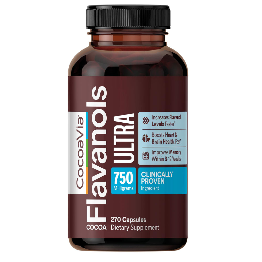 cocoavia ultra 750mg bottle front highlights high flavanol potency for heart health