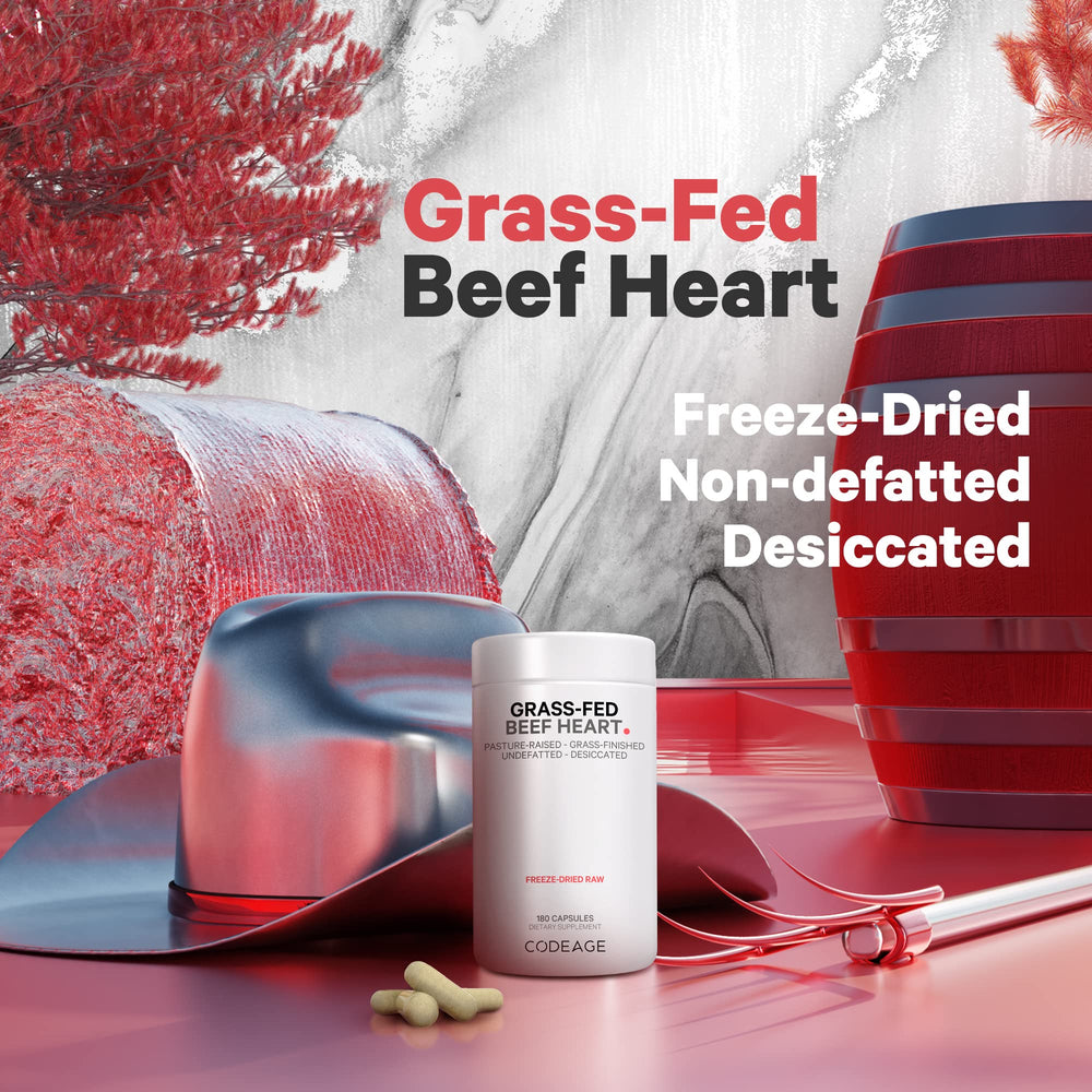Codeage beef heart and liver combo supplement packaging highlighting nutrient variety