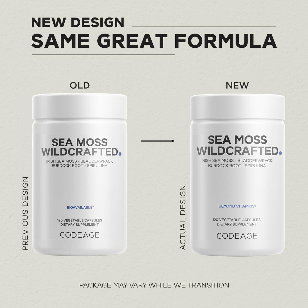 Codeage bladderwrack seaweed flakes displayed with capsules for convenient use.