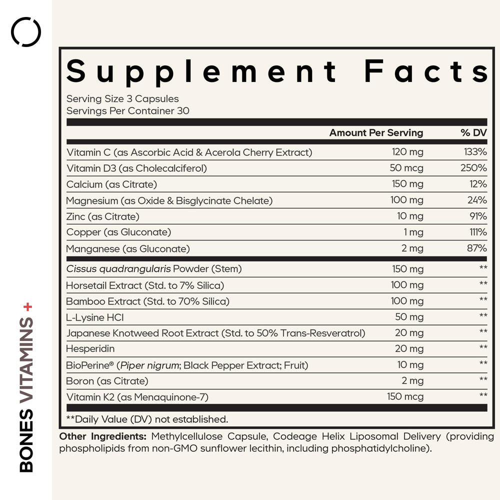 Codeage Bones Vitamins+ bottle back shows ingredients and usage context.